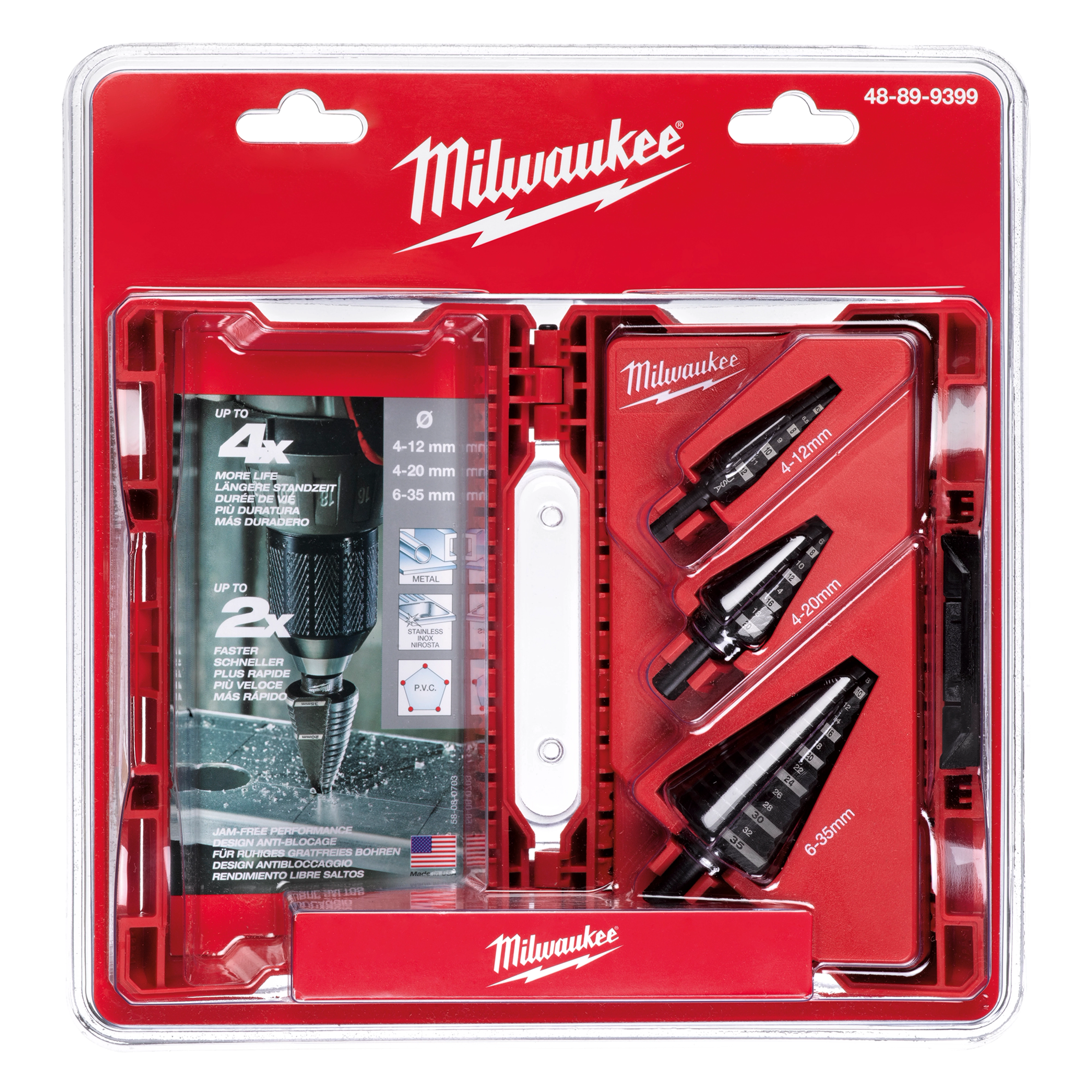 Step Drill Bit Set Metric - 3PC in a red package featuring three drill bits of various sizes, designed for metal and PVC drilling.