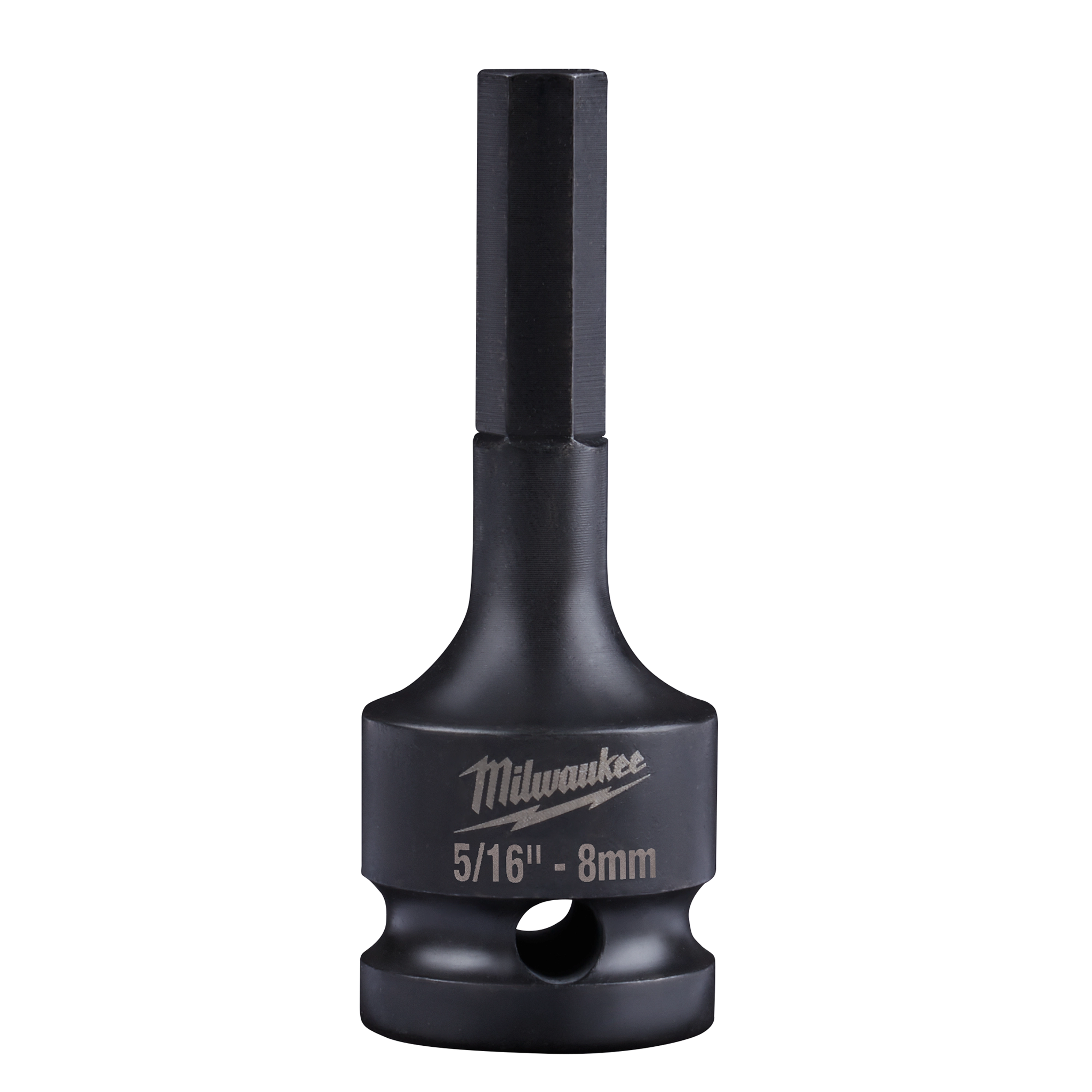 1/2" Drive 5/16" Hex Bit Socket branded Milwaukee, with a black finish, designed for heavy-duty fastening applications. The socket bit features an 8mm hex-shaped tip with a durable design, suitable for various mechanical and assembly tasks.