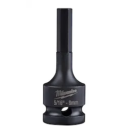 1/2" Drive 5/16" Hex Bit Socket branded Milwaukee, with a black finish, designed for heavy-duty fastening applications. The socket bit features an 8mm hex-shaped tip with a durable design, suitable for various mechanical and assembly tasks.