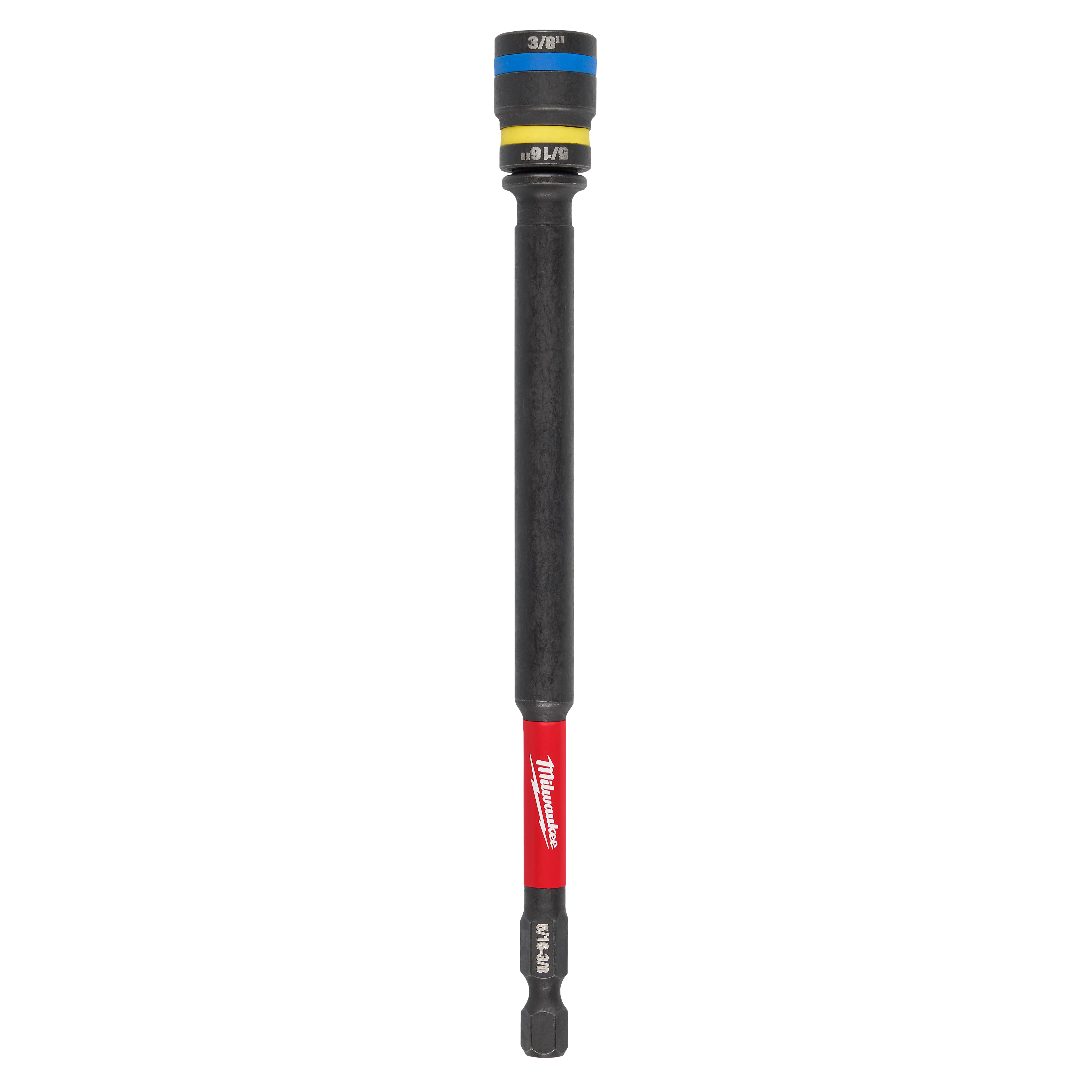 The SHOCKWAVE™ Impact Duty 5/16” and 3/8” x 6” QUIK-CLEAR™ 2-in-1 Magnetic Nut Driver is a versatile hand tool with a black shaft, red handle, and interchangeable magnetic heads for driving different nut sizes.