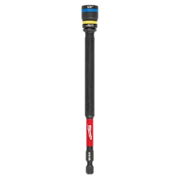 The SHOCKWAVE™ Impact Duty 5/16” and 3/8” x 6” QUIK-CLEAR™ 2-in-1 Magnetic Nut Driver is a versatile hand tool with a black shaft, red handle, and interchangeable magnetic heads for driving different nut sizes.