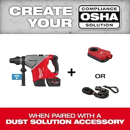 M18 FUEL 1-3/4" SDS MAX Rotary Hammer with ONE-KEY shown alongside dust solution accessories for OSHA compliance.