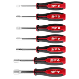 7pc Metric HollowCore Nut Driver Set with red and black handles, labeled with sizes 5, 5.5, 6, 7, 8, 10, and 13.