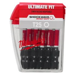The image shows a pack of SHOCKWAVE™ 2" T25 Impact Bits (15 Contractor PK) by Milwaukee. The bits are housed in a clear plastic container with a red and gray label stating "Ultimate Fit" and "Shockwave Impact Duty."