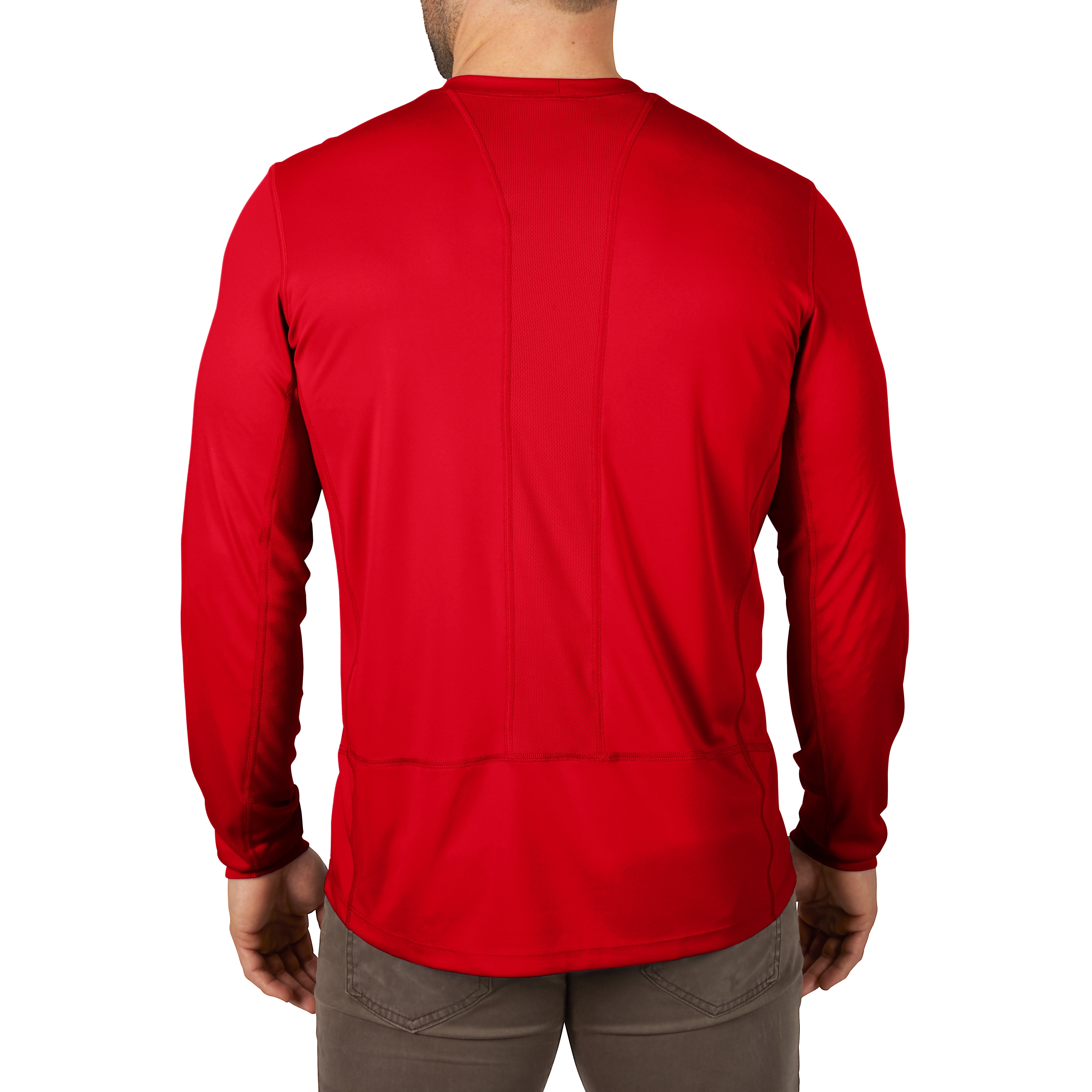 The image displays the back view of a man wearing a red WORKSKIN Lightweight Performance Shirt with long sleeves and grey pants.