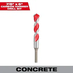 7/8 in. x 6 in. Carbide Hammer Drill Bit for concrete, stone, and masonry drilling, featuring a red and silver spiral design.