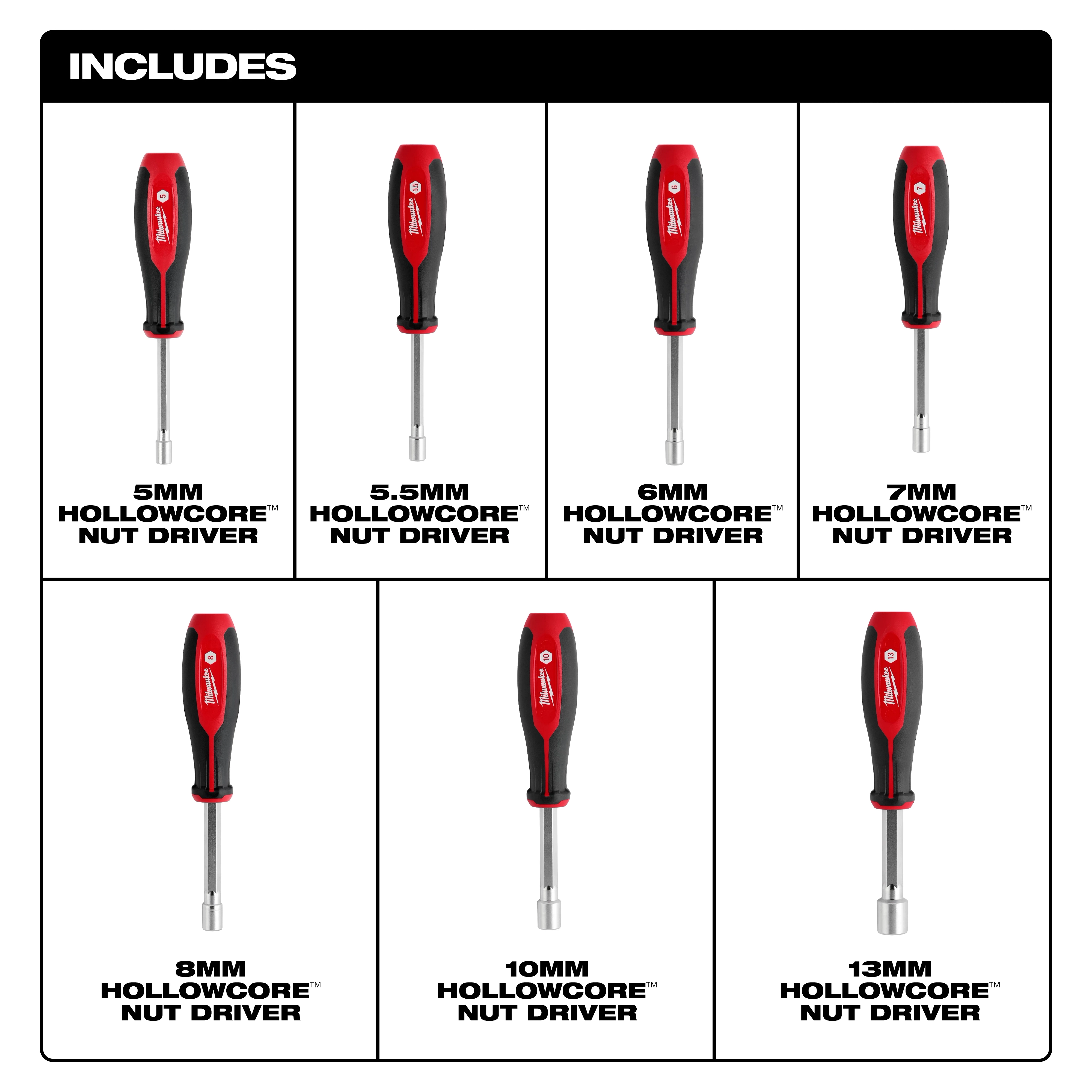 7pc Metric HollowCore Nut Driver Set includes 5mm, 5.5mm, 6mm, 7mm, 8mm, 10mm, and 13mm nut drivers with red and black handles.