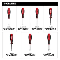 7pc Metric HollowCore Nut Driver Set includes 5mm, 5.5mm, 6mm, 7mm, 8mm, 10mm, and 13mm nut drivers with red and black handles.