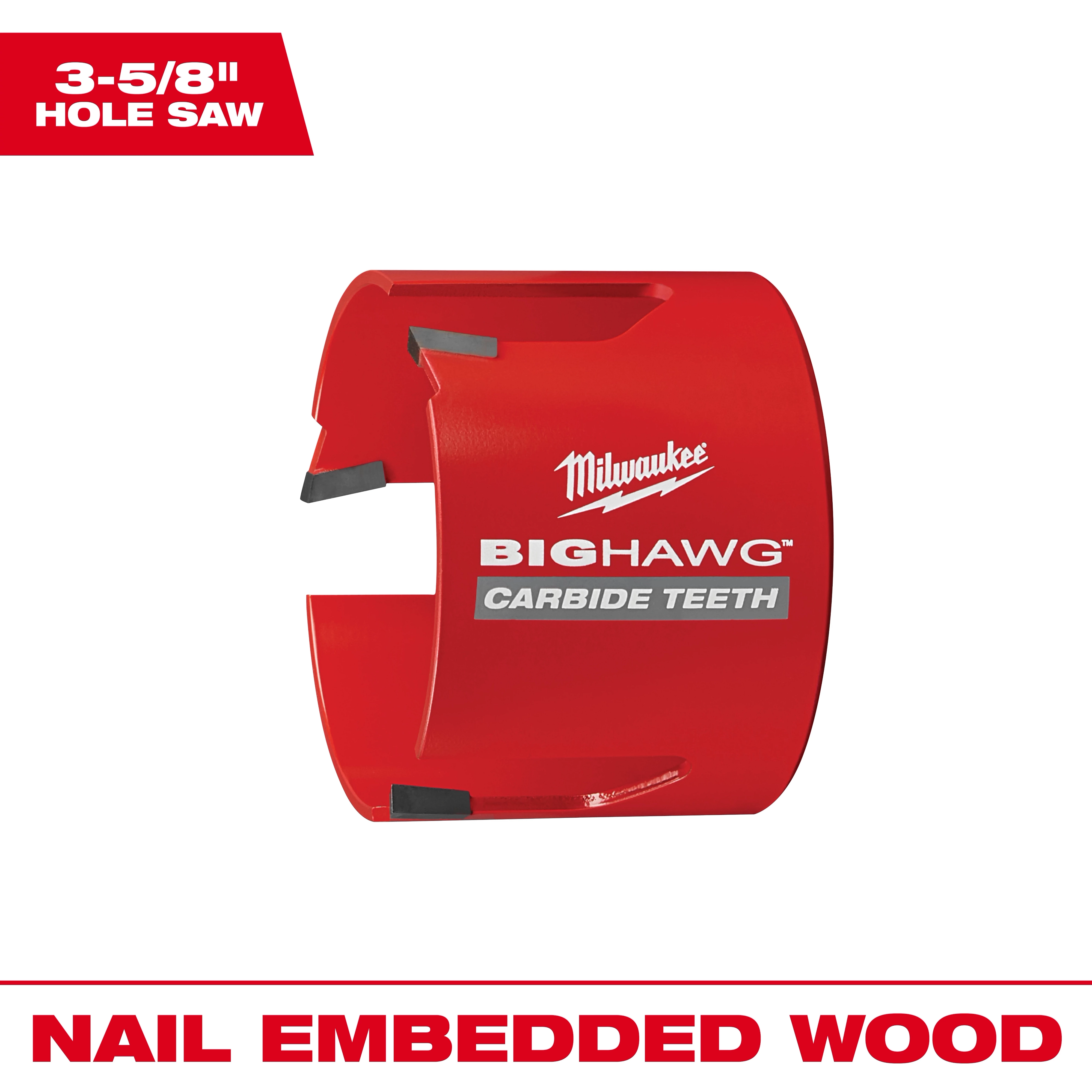 Red 3-5/8" Big Hawg hole saw with carbide teeth, designed for cutting nail-embedded wood.