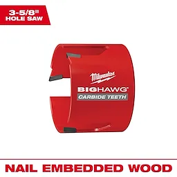 Red 3-5/8" Big Hawg hole saw with carbide teeth, designed for cutting nail-embedded wood.