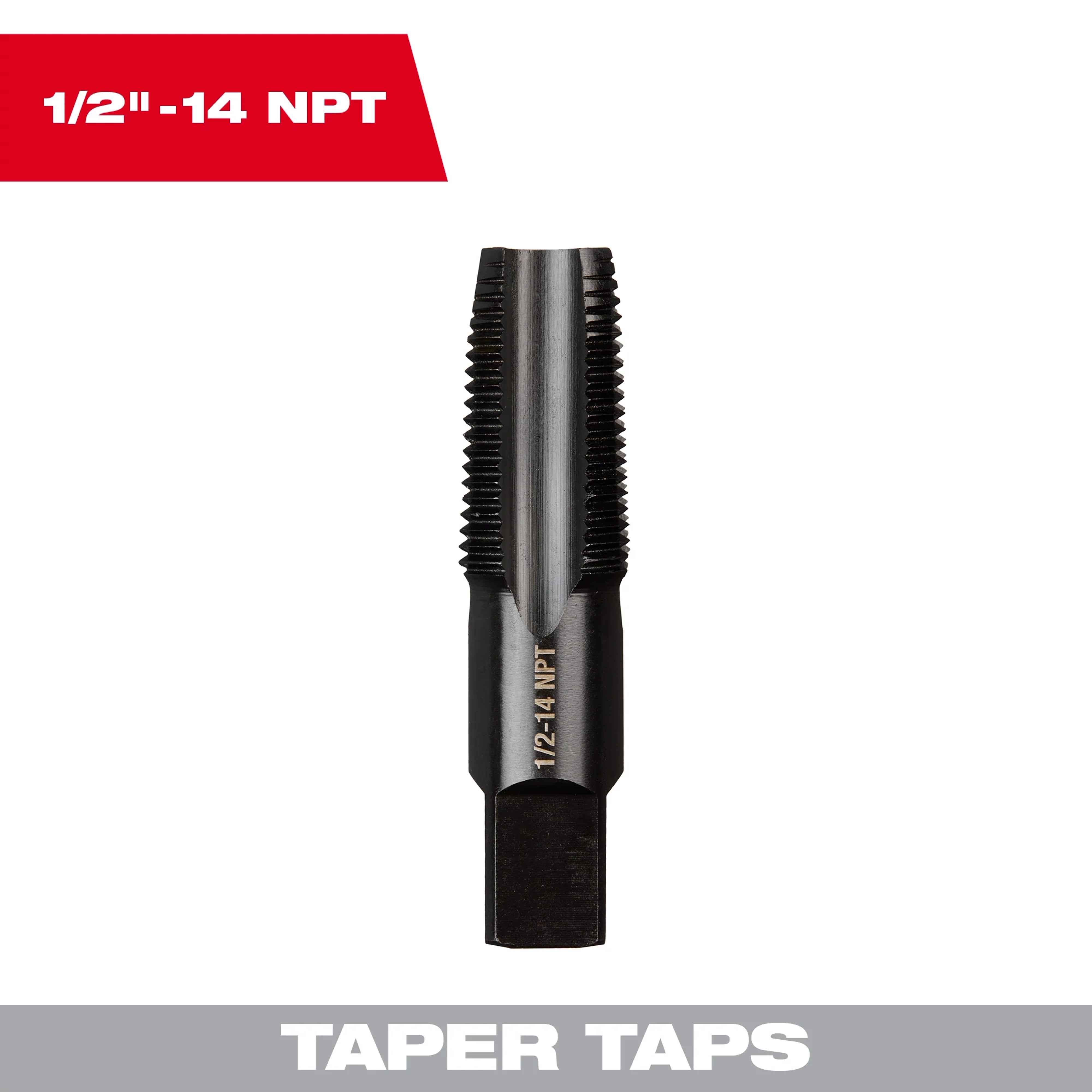 1/2"-14 NPT Straight Flute Taper Tap, shown against a white background with red and gray text highlighting its size and type.