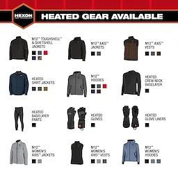 M12 Shirt Jacket - Green 2X to XL, Khaki 2X to XL, and Navy 2X to XL displayed among other heated gear items.