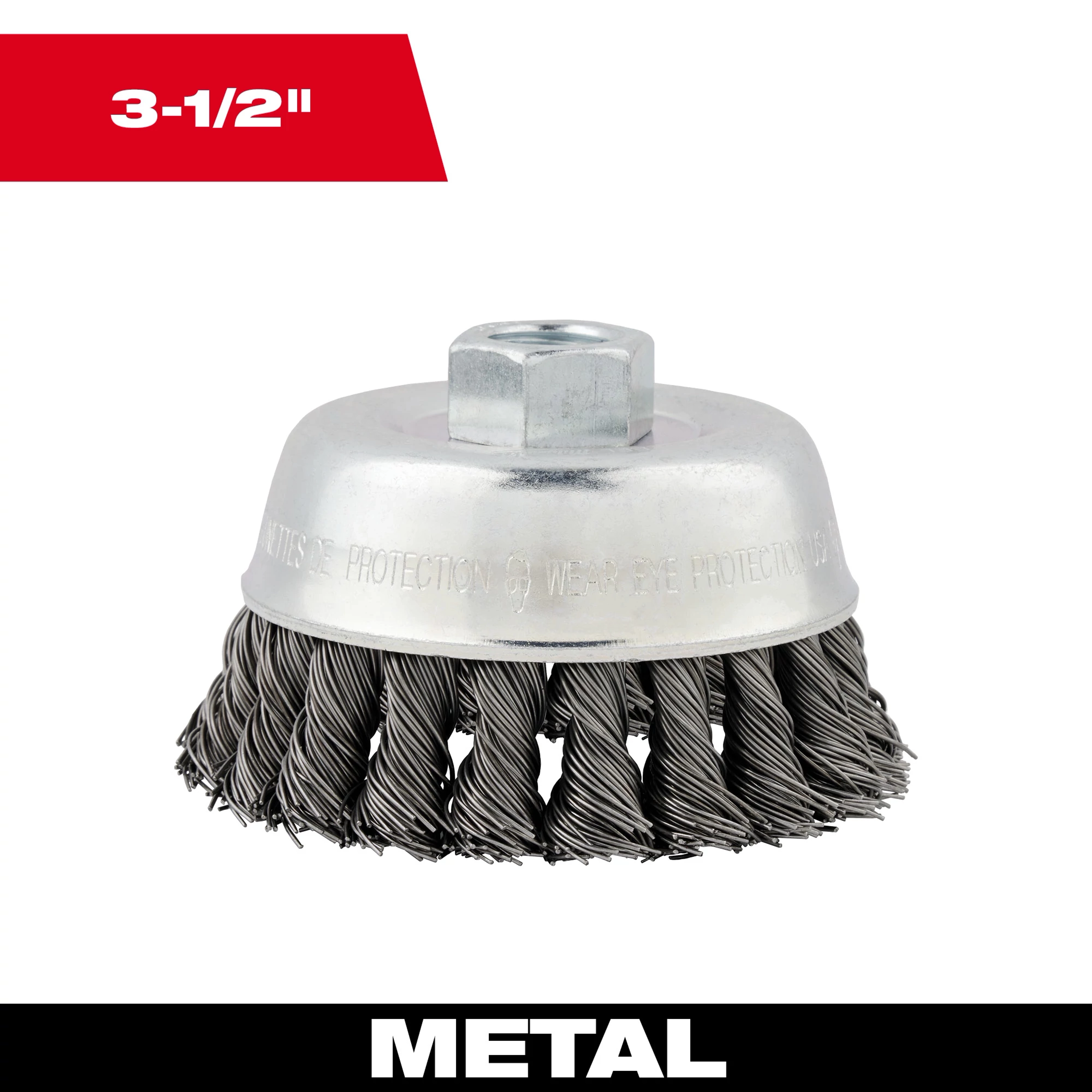 3-1/2" Knot Wire Cup Brush made of carbon steel for use on metal surfaces, with a silver cap and twisted wire bristles.