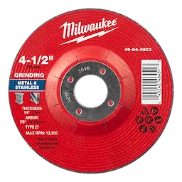 4-1/2" x 1/4" x 7/8" Metal Grinding Wheel - Type 27, red with specifications. Suitable for grinding metal and stainless steel.