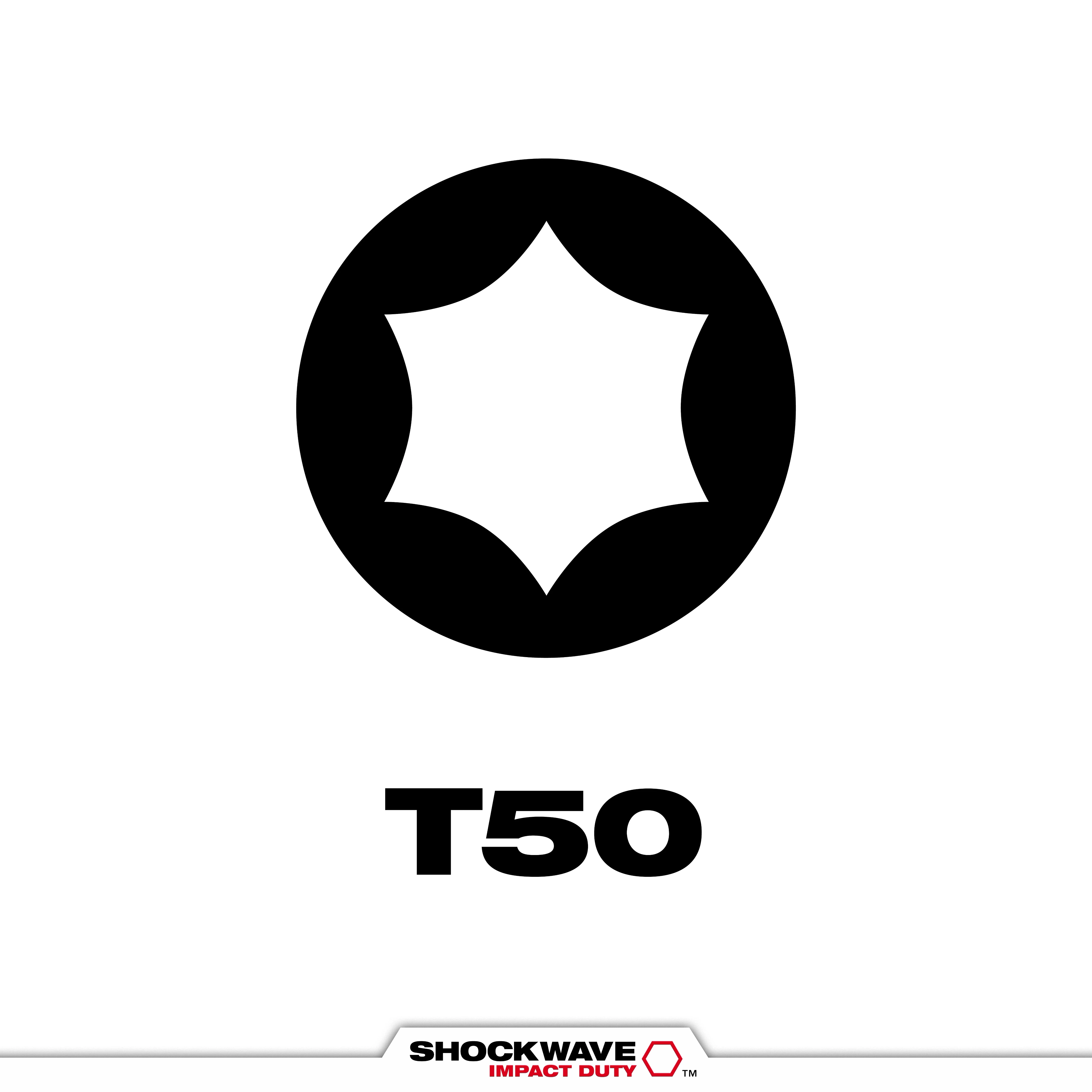 Image shows an icon illustrating the SHOCKWAVE™ T50 Tip Type, featuring a black Torx T50 bit shape inside a circle. Underneath, the text "T50" is displayed in bold black lettering. The SHOCKWAVE Impact Duty logo is at the bottom center of the image.