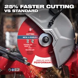 Bonded Abrasives Cutting disc in use, cutting metal with sparks. Text reads "25% Faster Cutting vs Standard."