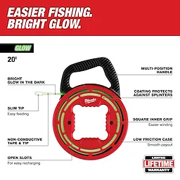 20' Glow Fish Tape with bright glow in the dark, slim tip, non-conductive tape and tip, multi-position handle, and low friction case.