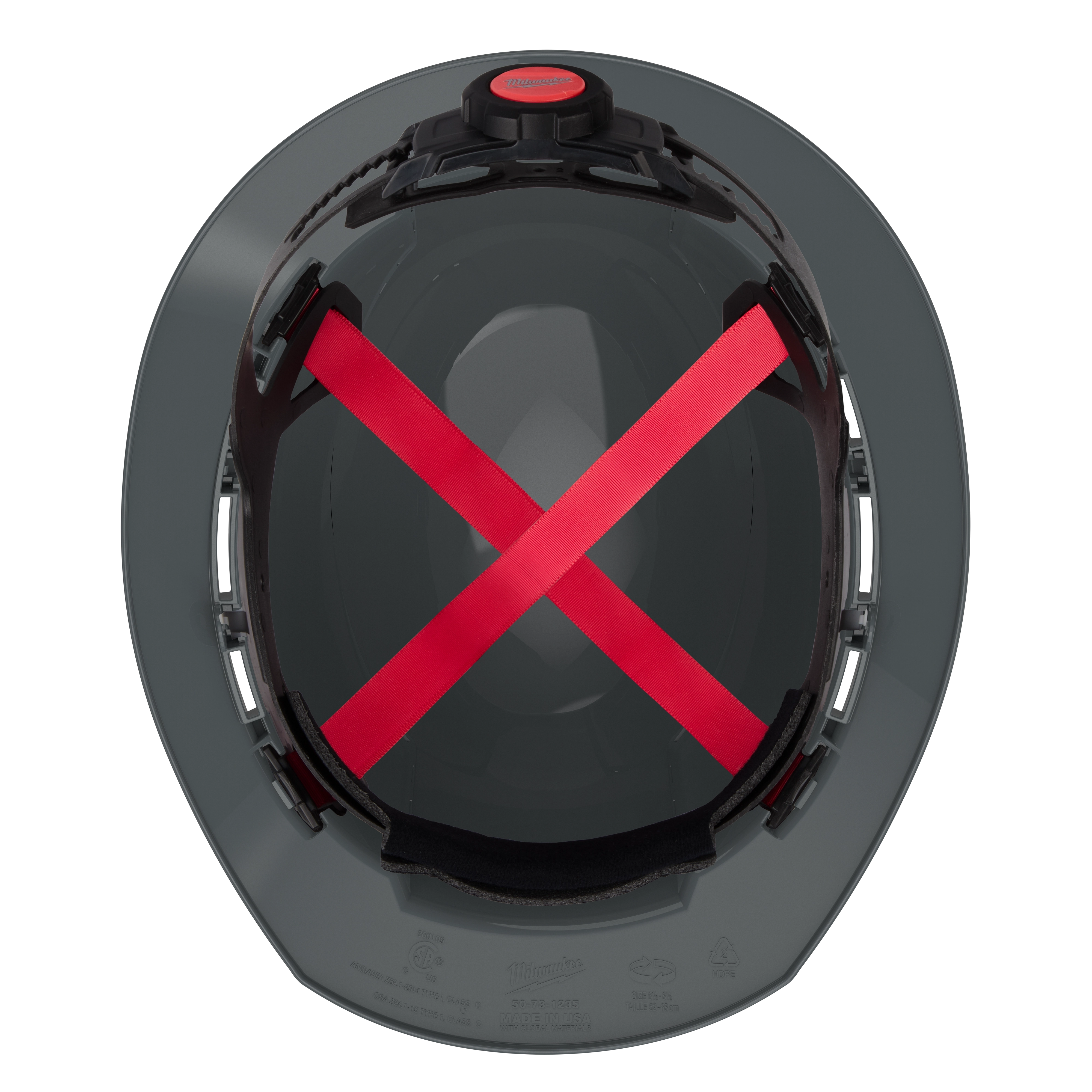 Top view of BOLT Gray Full Brim Vented Hard Hat w/4pt Ratcheting Suspension (USA) - Type 1, Class C.