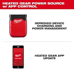 Milwaukee promotion for the Heated Gear Power Source w/ App Control shows the product alongside a smartphone with the Milwaukee web app on screen. Text highlights improved device charging, power management, and app updates. The image combines red and black branding elements prominently.