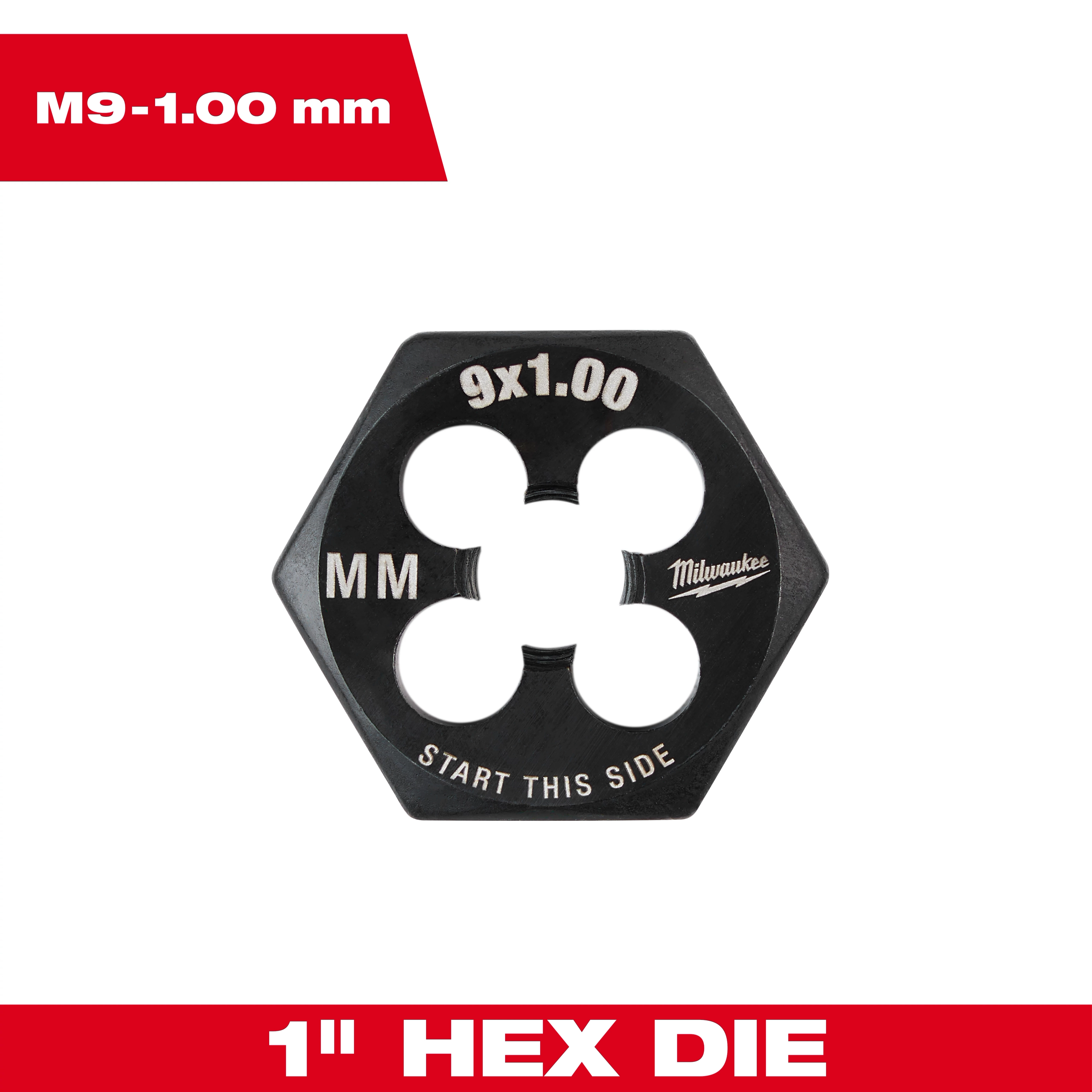 M9-1.00 20mm 1-Inch Hex Threading Die with "9x1.00" marking, black finish, and "Start This Side" instruction. Uses Milwaukee.