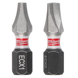 The image shows the SHOCKWAVE™ 1" 2PC Impact Duty ECX Combo Kit, containing two drill bits with a metallic finish, labeled ECX1 and ECX2. Each bit features a red and white band with the Milwaukee brand name.