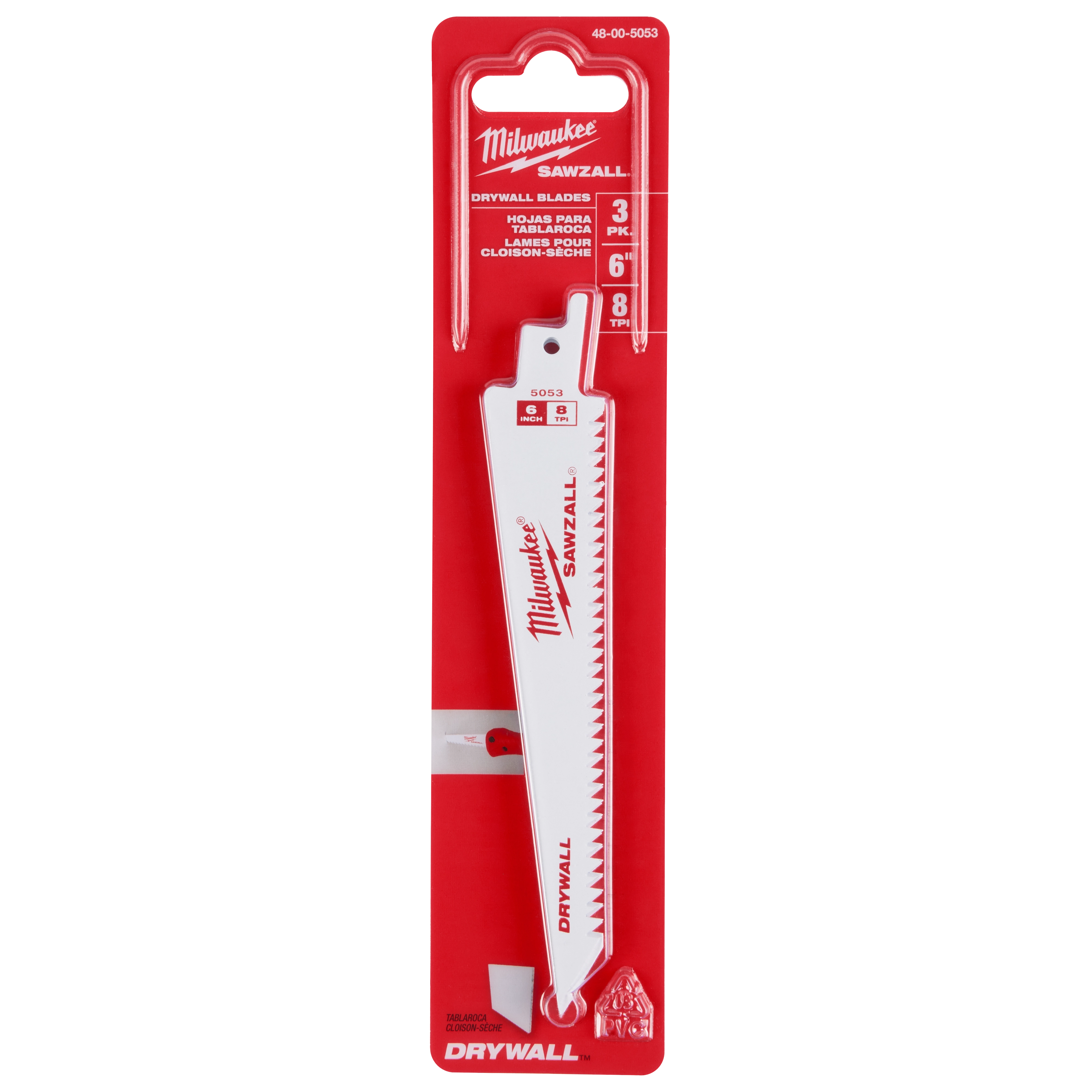 6" Drywall Sawzall Blade 3PK by Milwaukee, featuring three white serrated blades in a red and white packaging.