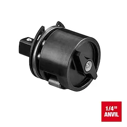 The M12™ FUEL™ Ratchet 1/4" Low Profile Anvil Assembly is a compact, black metal attachment designed for use with compatible ratchet tools. It features a 1/4-inch anvil and includes fastening components, ideal for tight spaces and efficient mechanic work.