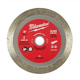 The 3" Diamond Tile Cut-Off Blade features a 76 mm diameter, 3/8" arbor size, and supports up to 20,000 max RPM. It is designed for cutting tile and has a red center with silver edges.