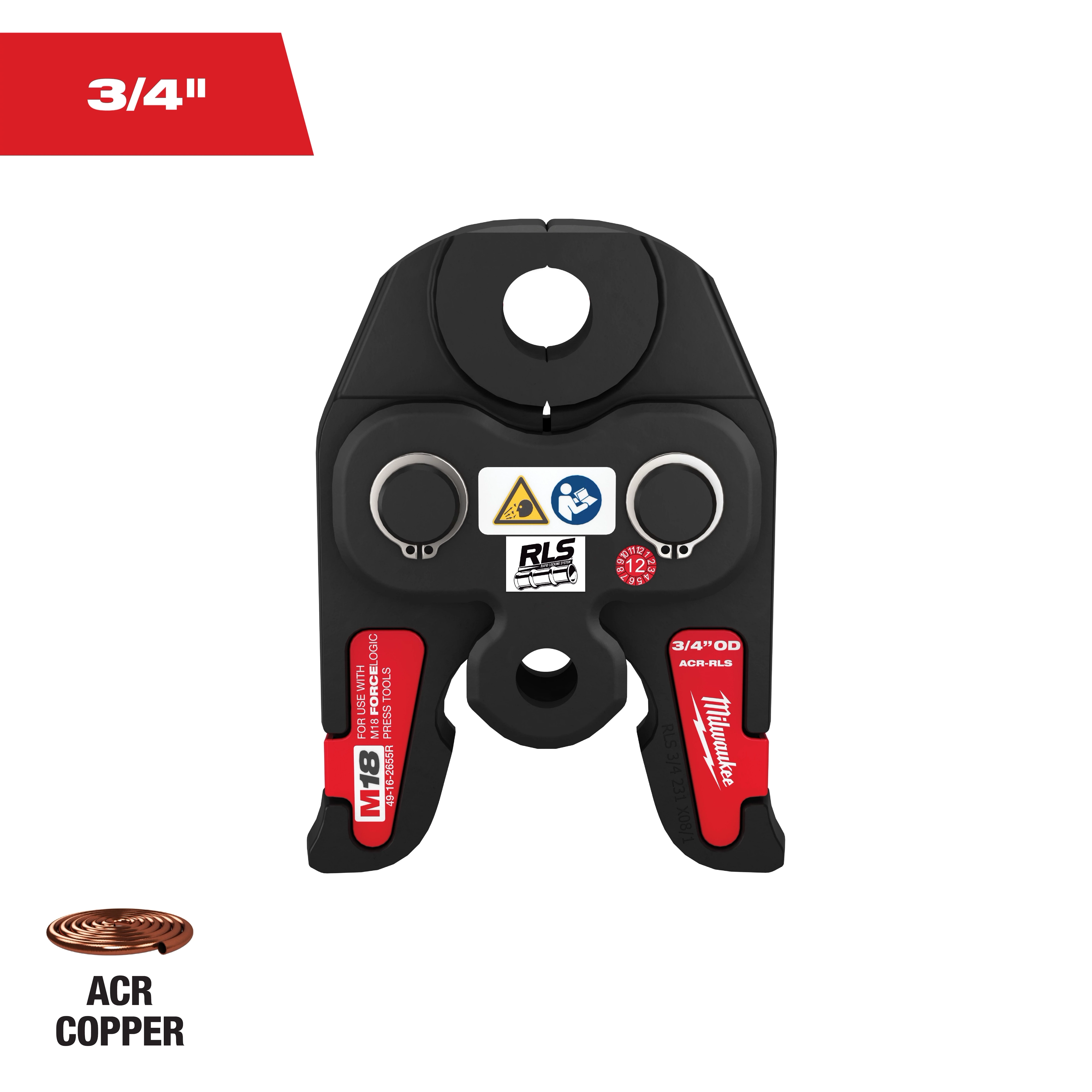 The image shows a Milwaukee M18 press tool jaw for 3/4-inch ACR copper tubing. The black and red tool features the logos and safety icons prominently displayed. A 3/4-inch label and ACR copper coil graphic are also included.