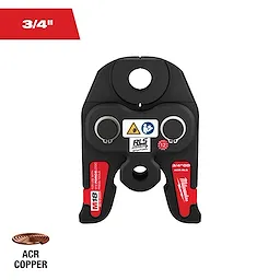 The image shows a Milwaukee M18 press tool jaw for 3/4-inch ACR copper tubing. The black and red tool features the logos and safety icons prominently displayed. A 3/4-inch label and ACR copper coil graphic are also included.