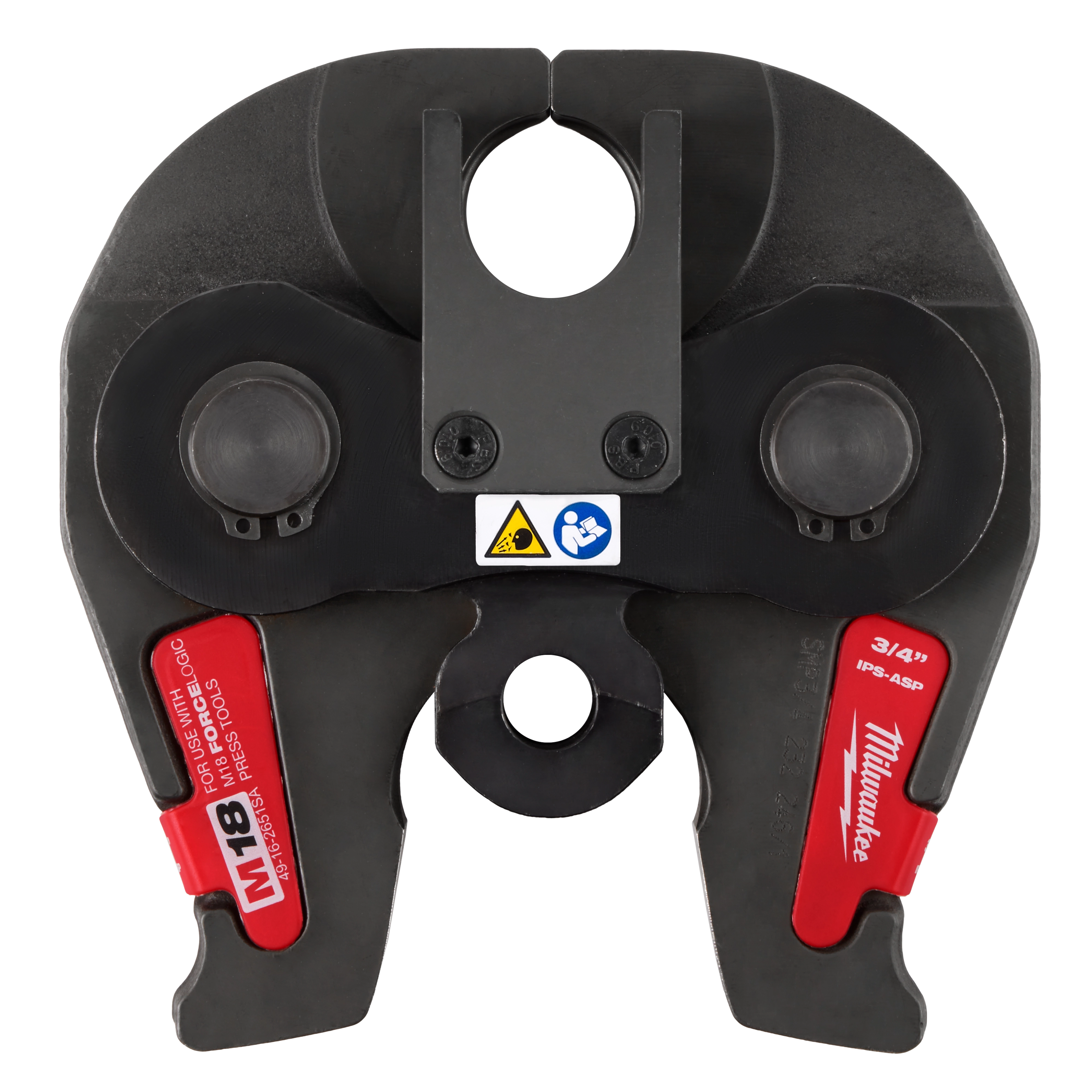 The image shows a ¾” IPS-ASP Press Jaw designed for M18 FORCE LOGIC Press Tools, featuring red and black components.