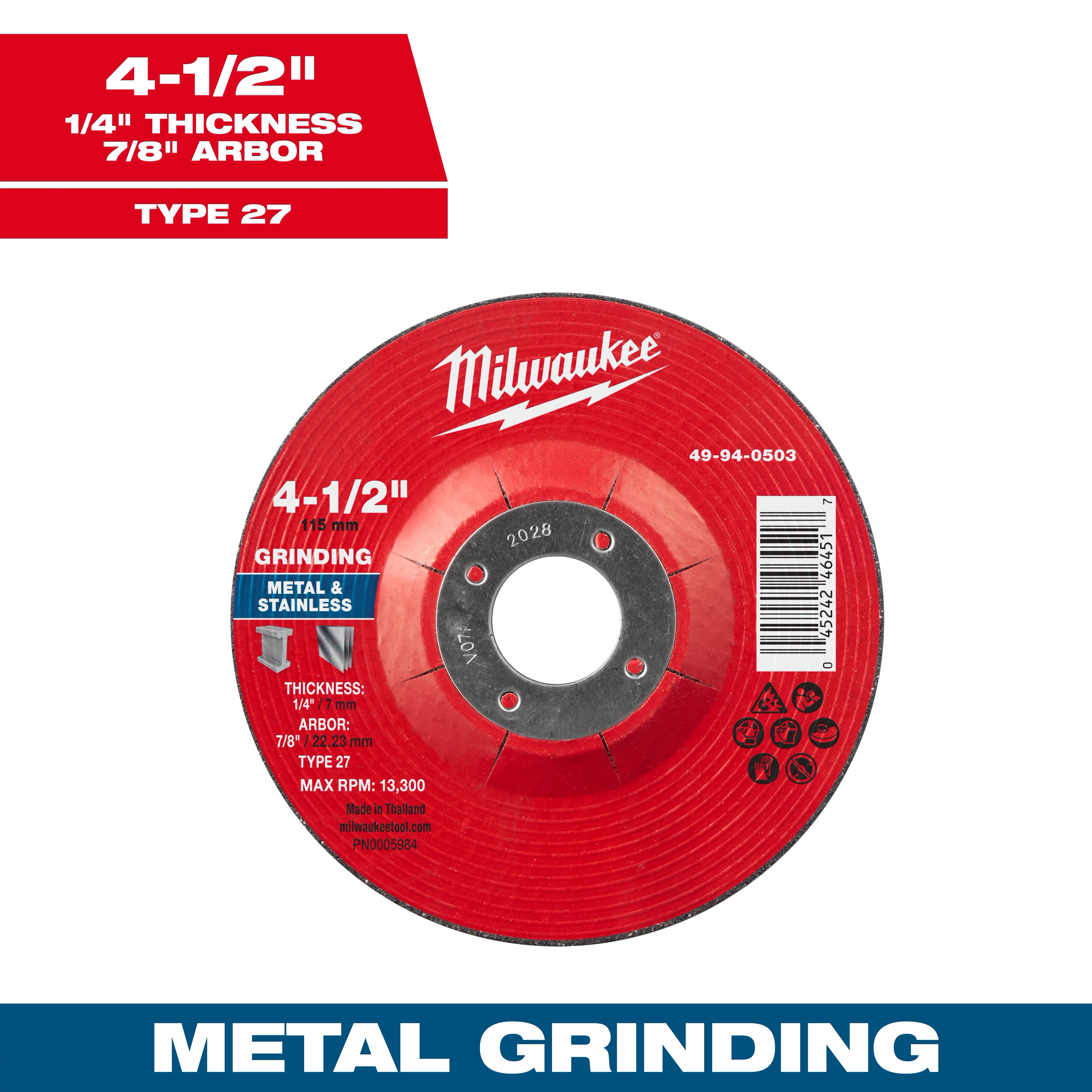 Milwaukee 4-1/2" x 1/4" x 7/8" Metal Grinding Wheel, Type 27. Red wheel for metal and stainless grinding; max RPM 13,300.