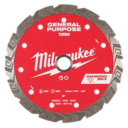 Image of a 6" DIAMOND MAX™ Turbo, General Purpose Diamond Blade by Milwaukee, with a red center and metallic, jagged edge. Text on the blade includes "General Purpose," "Wet/Dry," "Concrete, Brick, Block, Stone, Roof Tile." Center hole for arbor 7/8" & 5/8", with "DIAMOND MAX" logo.