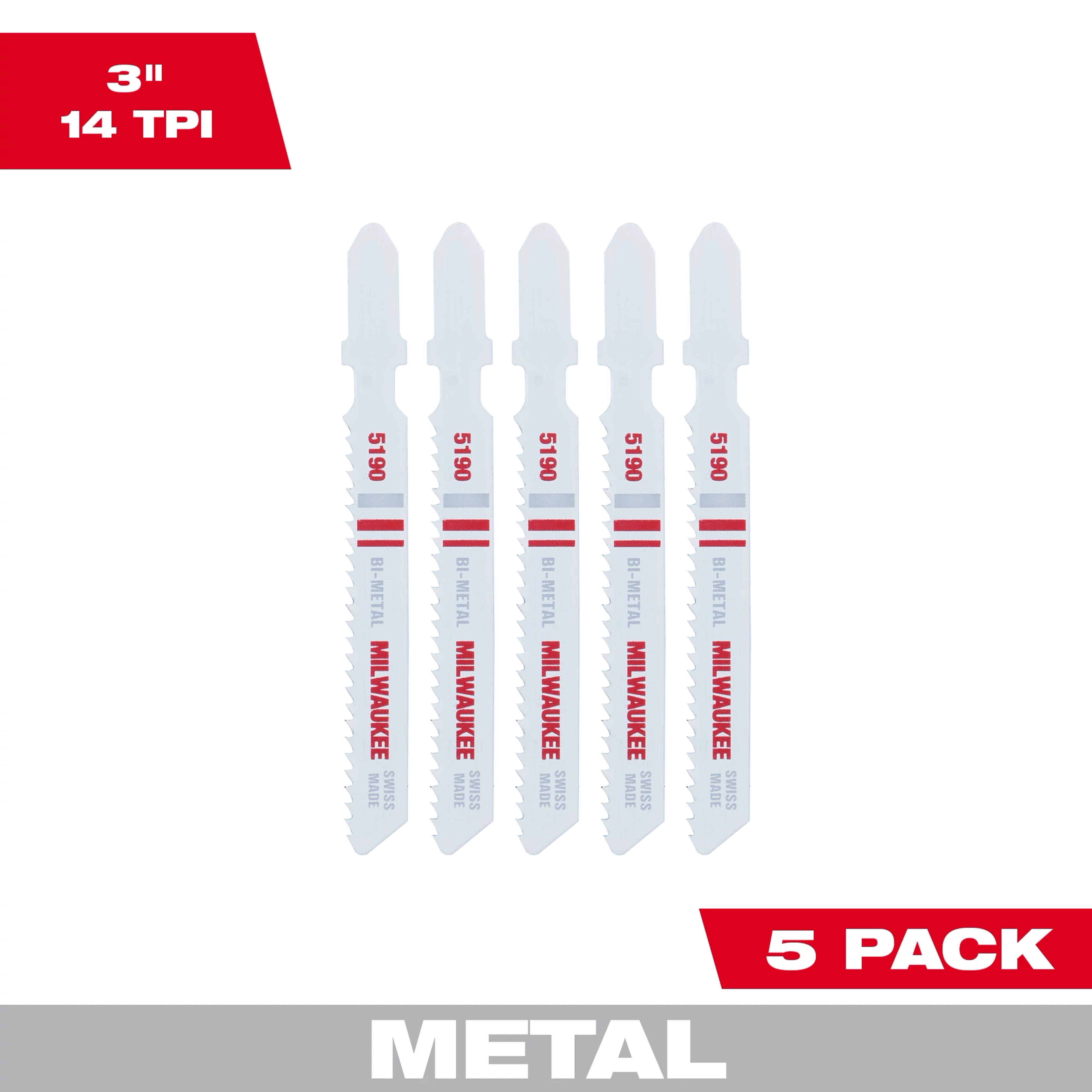 3" 14 TPI T-Shank Metal Cutting Bi-Metal Jig Saw Blades 5PK displayed vertically with red and white color scheme.