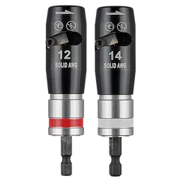 2PC Solid Wire Stripper Set includes two wire strippers for 12 and 14 solid AWG wires. Both tools feature black and silver exteriors with clear markings. The 12 AWG tool has a red ring, while the 14 AWG tool has a silver ring for easy identification.