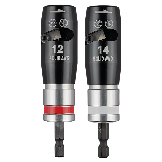 2PC Solid Wire Stripper Set includes two wire strippers for 12 and 14 solid AWG wires. Both tools feature black and silver exteriors with clear markings. The 12 AWG tool has a red ring, while the 14 AWG tool has a silver ring for easy identification.