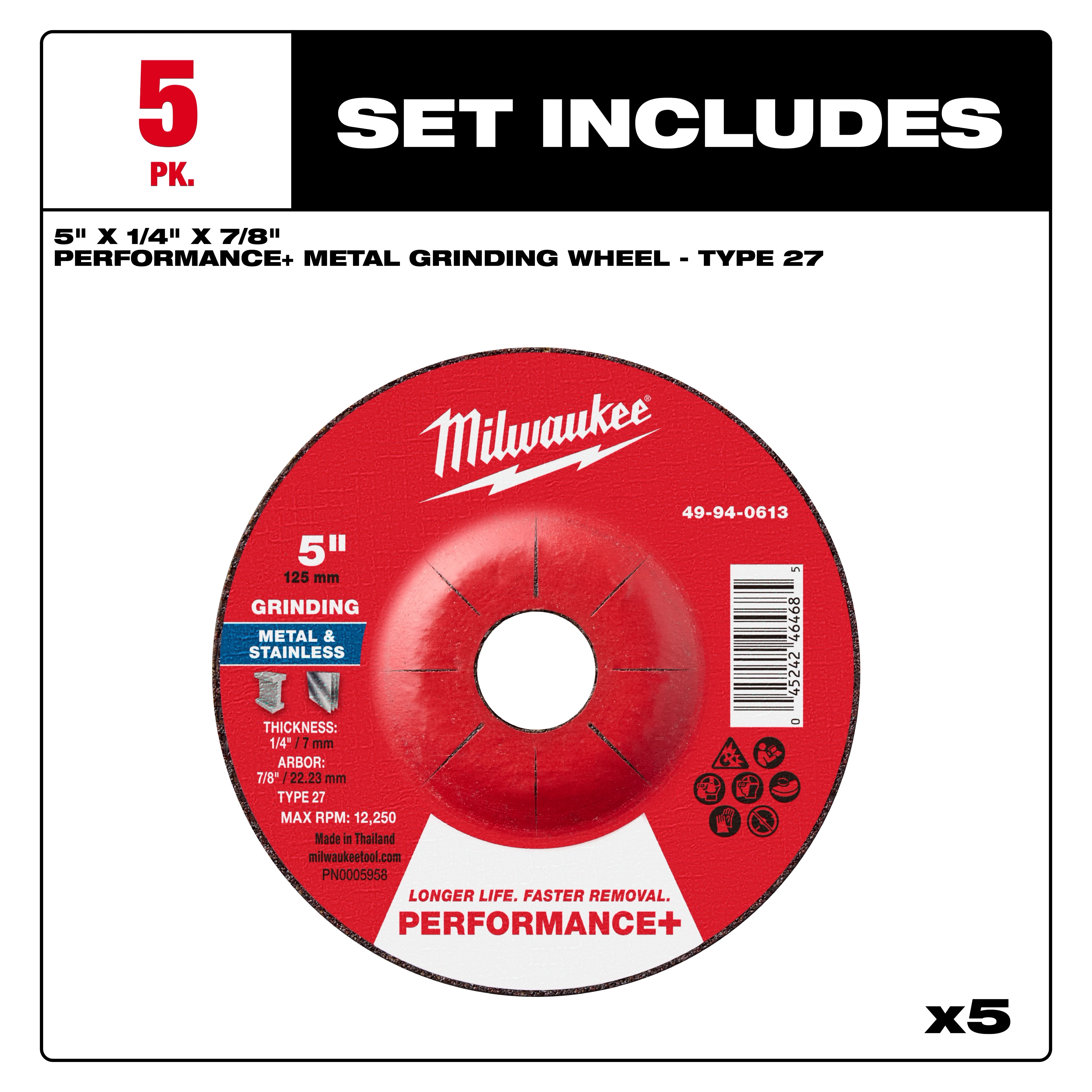 Pack of five 5" x 1/4" x 7/8" Performance+ Metal Grinding Wheels - Type 27, suitable for metal and stainless grinding.