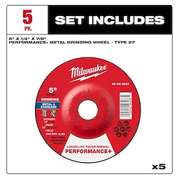 Pack of five 5" x 1/4" x 7/8" Performance+ Metal Grinding Wheels - Type 27, suitable for metal and stainless grinding.