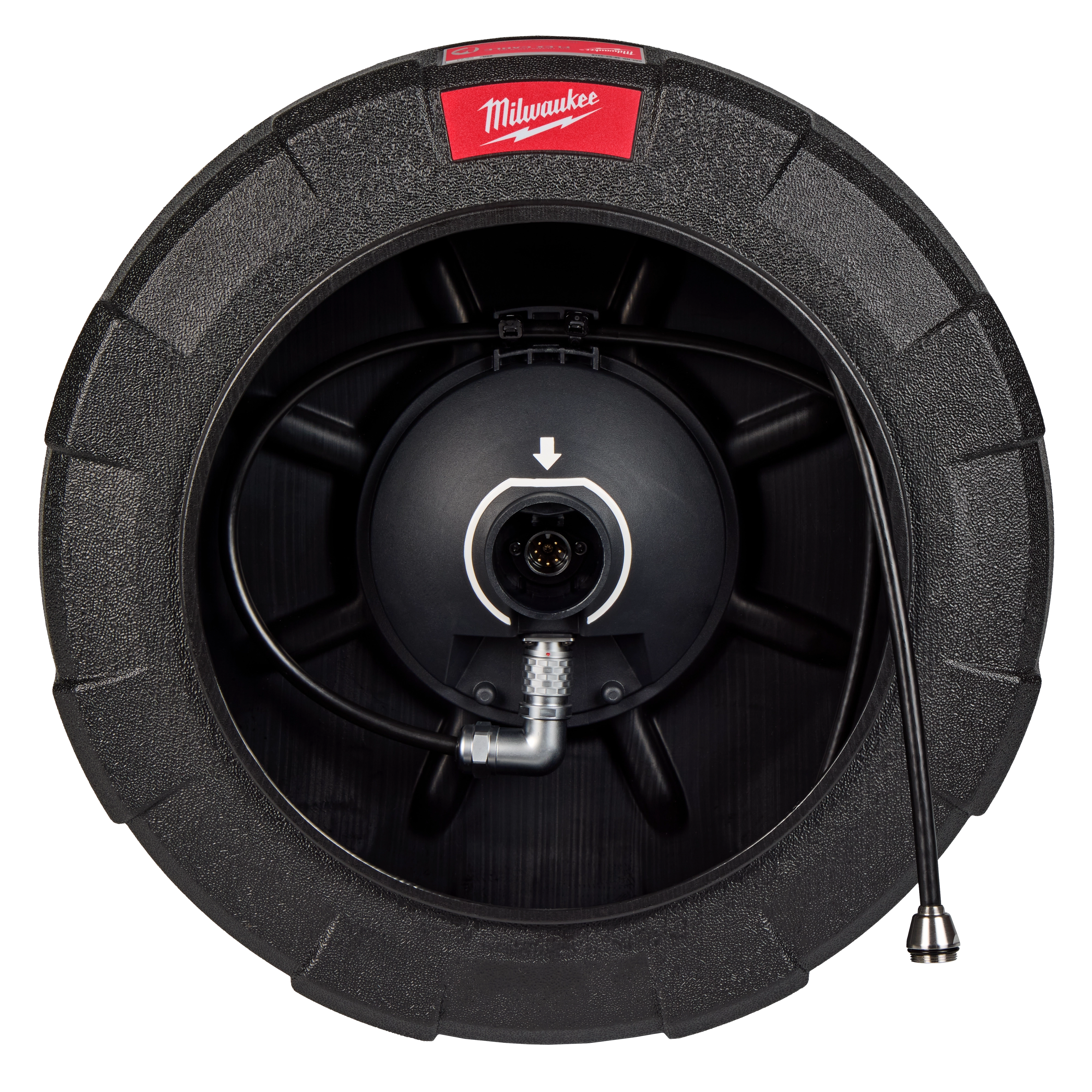 The image shows a Replacement Drum & Push Cable for M12™ 65’ Ultra Flex Compact Inspection Camera. The black drum with a cable inside has a Milwaukee logo on top. The push cable is connected inside the drum and extends outward.