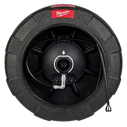 The image shows a Replacement Drum & Push Cable for M12™ 65’ Ultra Flex Compact Inspection Camera. The black drum with a cable inside has a Milwaukee logo on top. The push cable is connected inside the drum and extends outward.