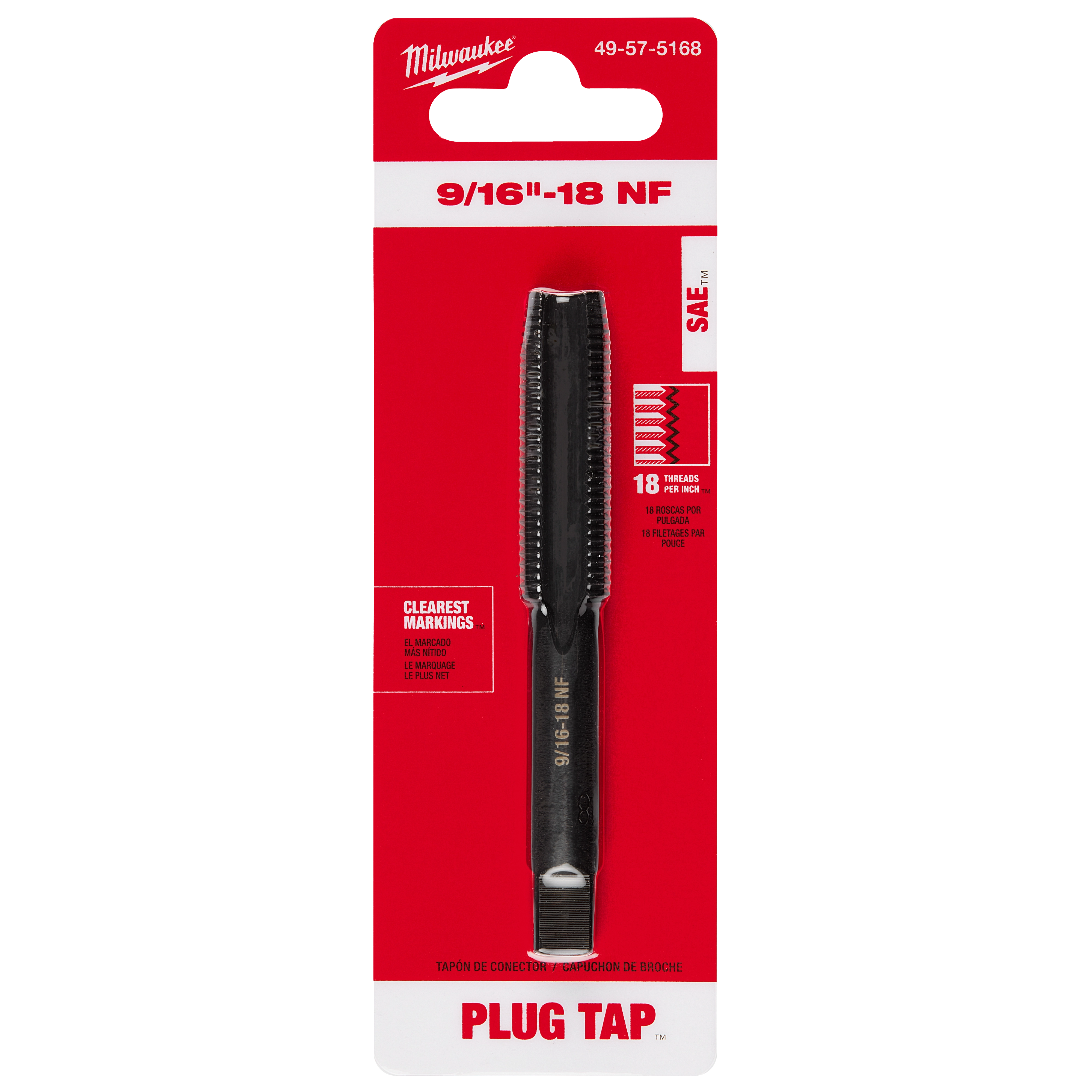 9/16"-18 NF Straight Flute Plug Tap on red packaging. The tap is designed for threading and has clear markings for easy identification.