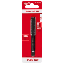 9/16"-18 NF Straight Flute Plug Tap on red packaging. The tap is designed for threading and has clear markings for easy identification.