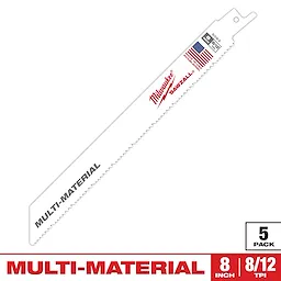 Milwaukee Sawzall multi-material blade is shown. It is 8 inches long with 8/12 teeth per inch. The packaging indicates a five-blade pack. The blade is white with red branding and black specifications. It features the USA flag symbol and "Made in the USA" text.
