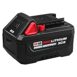 M18 REDLITHIUM HIGH OUTPUT XC5 Battery Pack in a compact rectangular black housing with red accents.