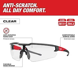 Safety Glasses - Anti-Scratch Lenses (Clear) with black frame, flexible nose bridge, and comfortable temple arms for extended wear.