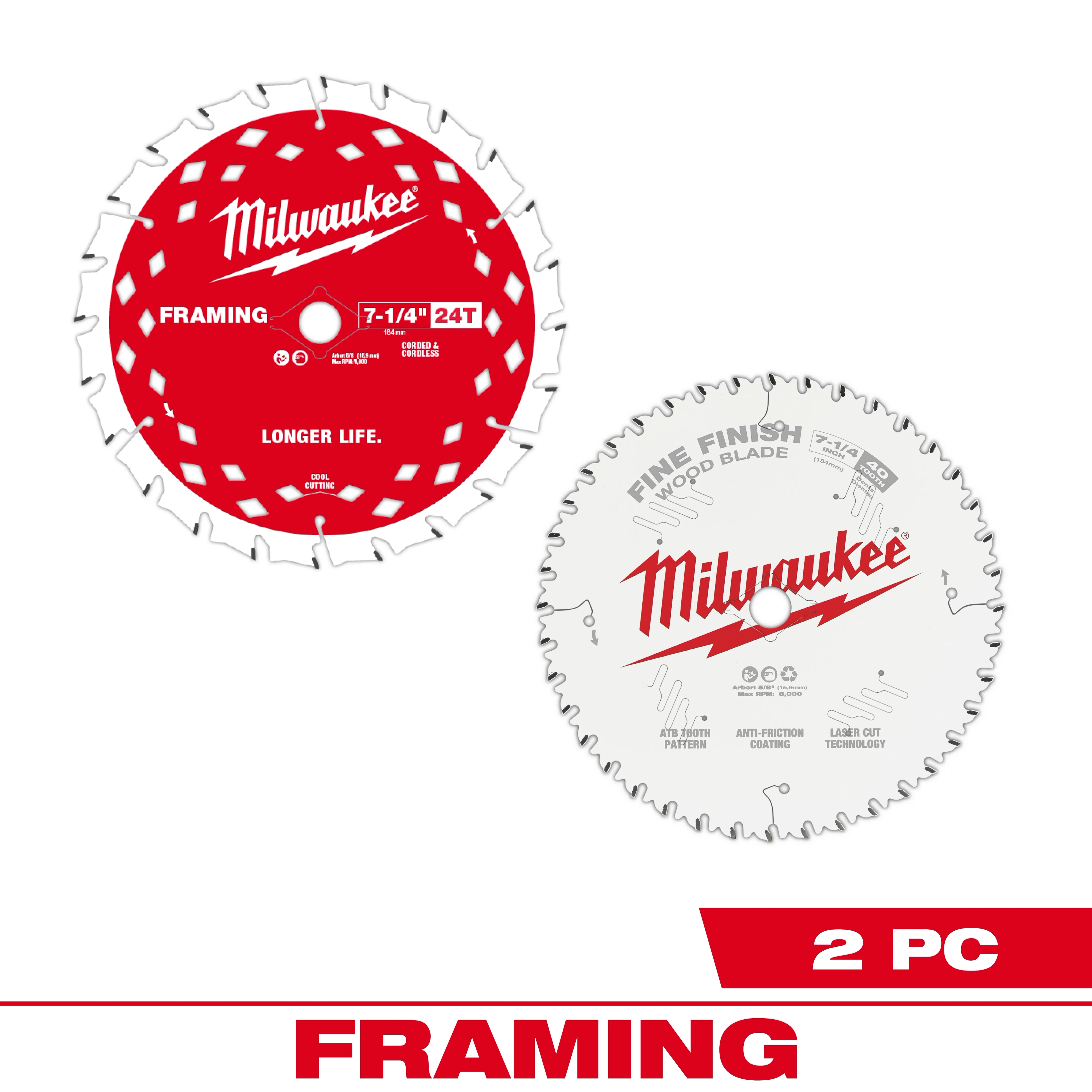 Two framing circular saw blades, one red and one white, from Milwaukee. The red blade is 7-1/4" 24T with text "Longer Life."