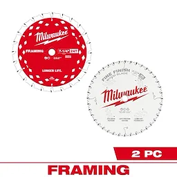 Two framing circular saw blades, one red and one white, from Milwaukee. The red blade is 7-1/4" 24T with text "Longer Life."