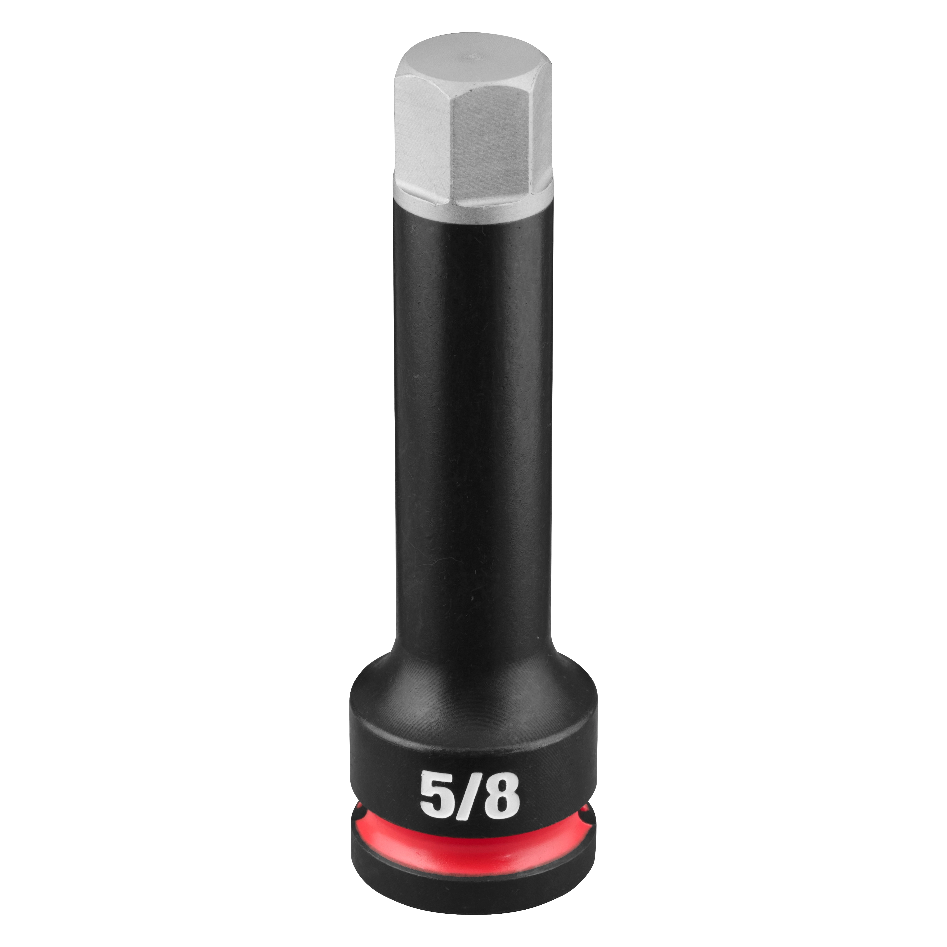 SHOCKWAVE Impact Duty 1/2" Drive 4" Hex 5/8" Bit Socket standing upright with 5/8 marking and red band near base.