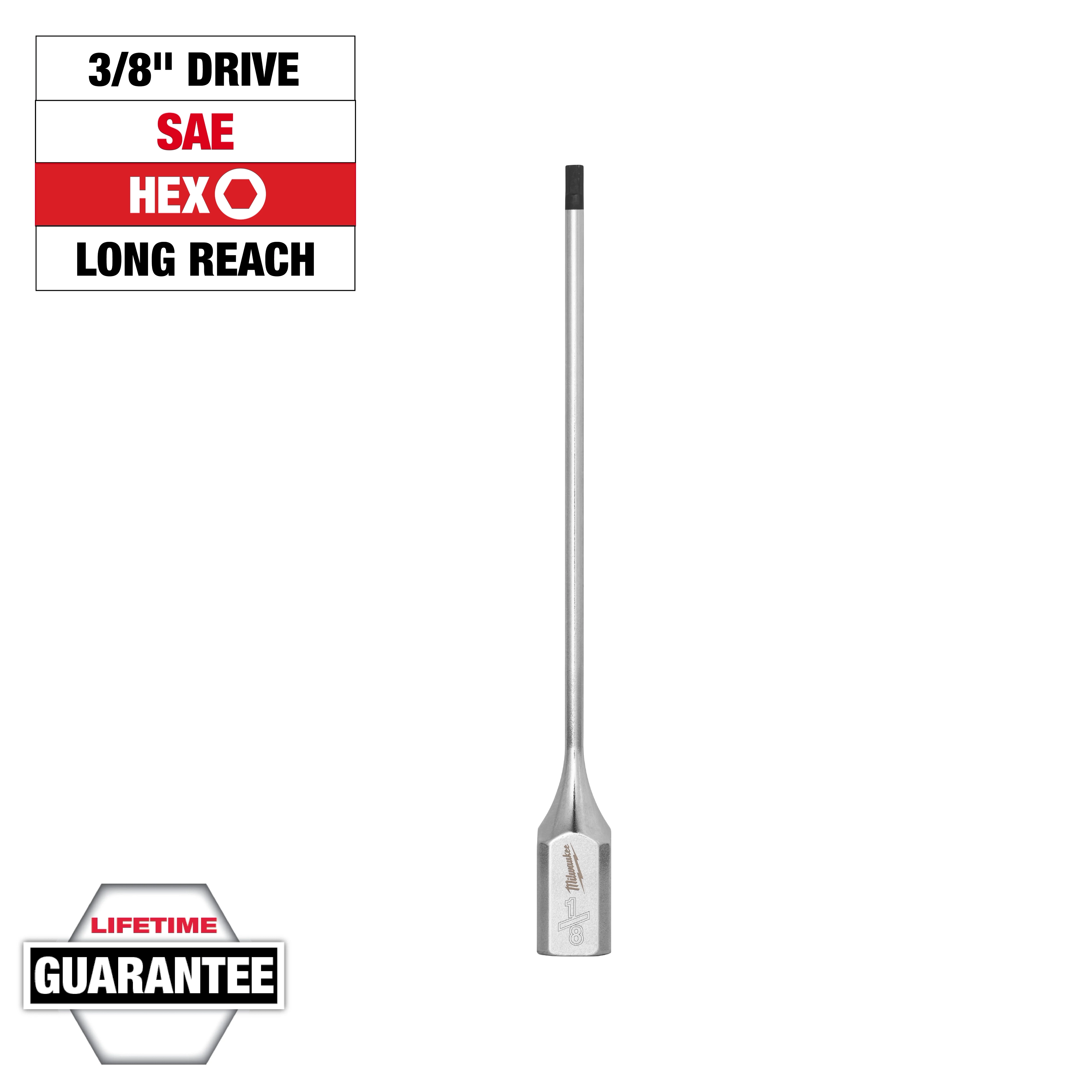 3/8" Drive 1/8" Long Hex Bit Socket with a lifetime guarantee. The tool has a long reach for access to tight spaces.