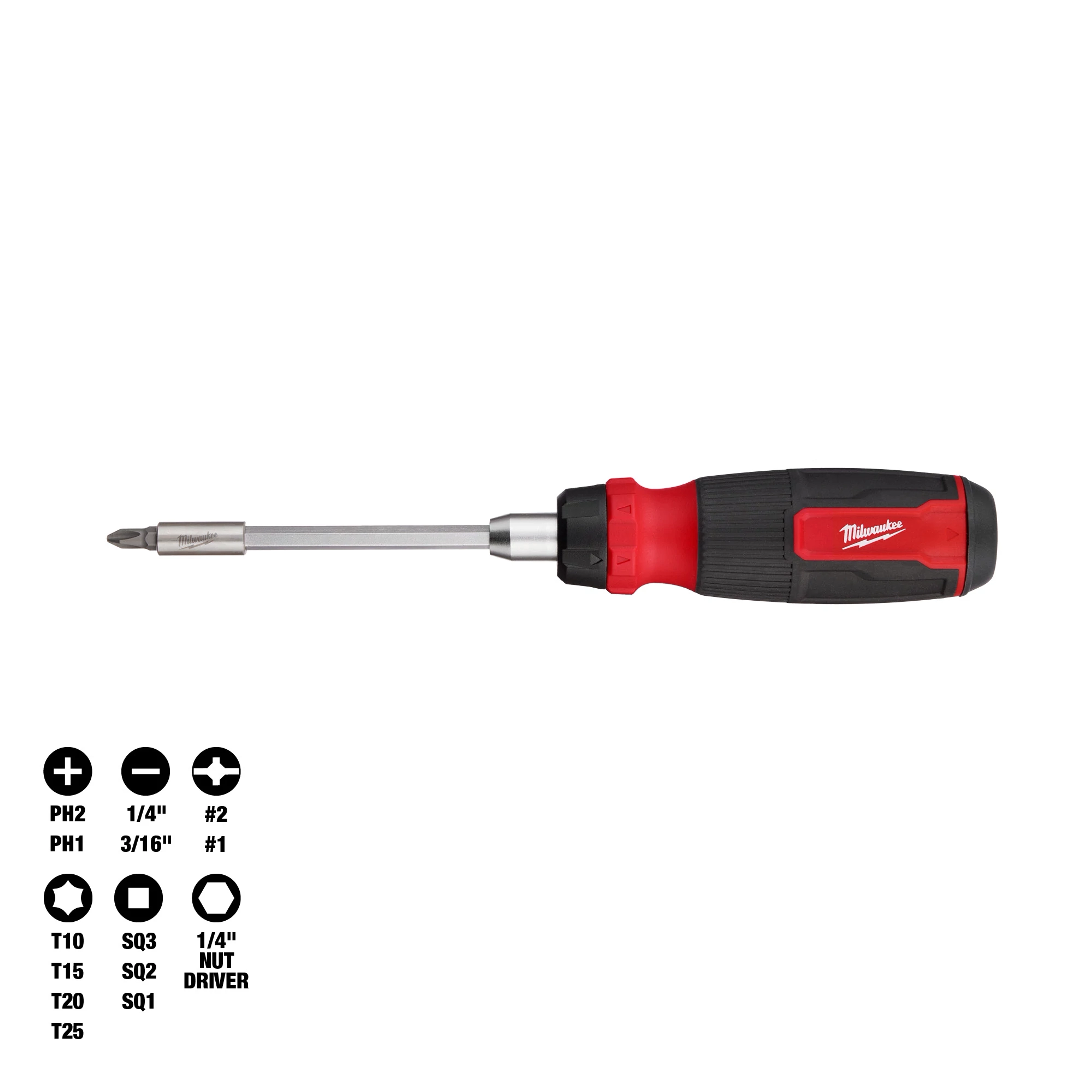 14-in-1 Ratcheting Multi-Bit Screwdriver with a red and black handle, displaying various compatible bit sizes and types.